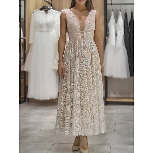 

A-Line Wedding Dresses V Neck Ankle Length Lace Sequined Sleeveless Romantic Sparkle & Shine with Pleats Sequin 2022