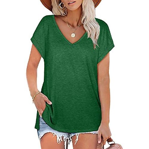 

women basic v neck short sleeve t shirts summer casual tops green