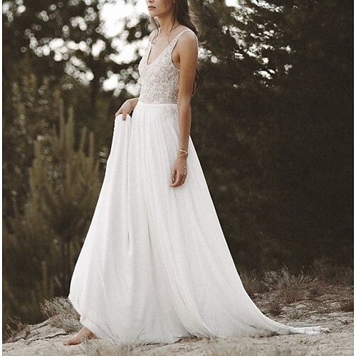 

A-Line Wedding Dresses V Neck Sweep / Brush Train Chiffon Lace Sleeveless Country Beach Sexy Backless with Beading Appliques 2022