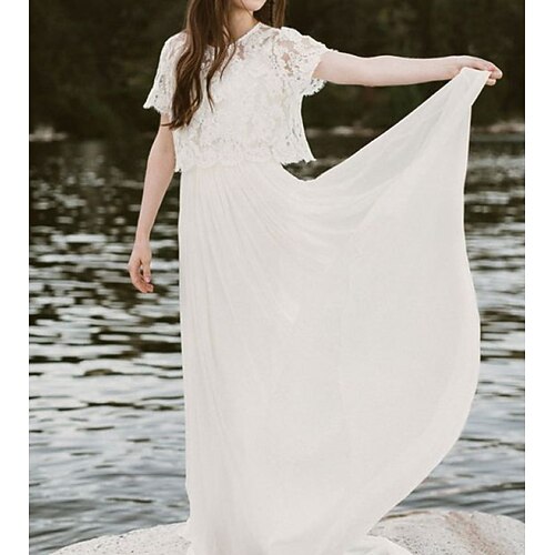 

Two Piece Sheath / Column Wedding Dresses Jewel Neck Sweep / Brush Train Chiffon Lace Half Sleeve Romantic Beach with Appliques 2022