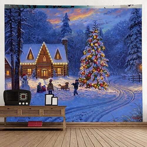 

Christmas Santa Claus Holiday Party Wall Tapestry Photography Background Art Decor Blanket Hanging Bedroom Living Room Decoration Tree Snowman Elk Snowflake Candle Gift Fireplace