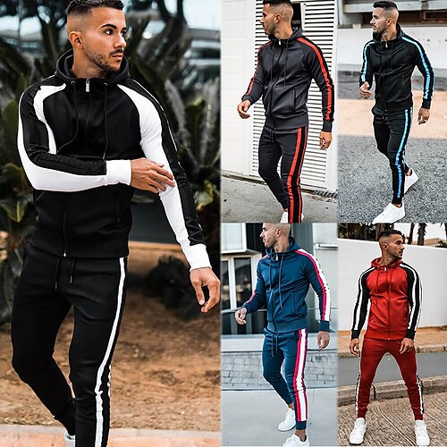 

Men's Tracksuit Sweatsuit Zip Hoodie Sweatshirt Hoodie Jacket Jogging Suits BlackBurgundy Red Hooded Color Block Drawstring 2 Piece Sports Outdoor Sports Streetwear Streetwear Casual Big and Tall