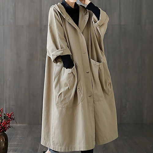 

Women's Trench Coat Daily Fall Long Coat V Neck Regular Fit Warm Casual Jacket Long Sleeve Solid Color Quilted Black Khaki