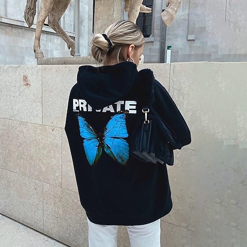 

Women's Hoodie Pullover Butterfly Text Lip Print Daily Basic Casual Hoodies Sweatshirts Blue Gold