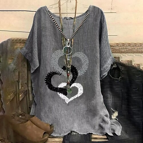 

Women's Plus Size Tops Blouse T shirt Tee Heart Zipper Short Sleeve V Neck Basic Valentine's Day Going out Weekend Polyester Fall Summer Gray Dark Gray