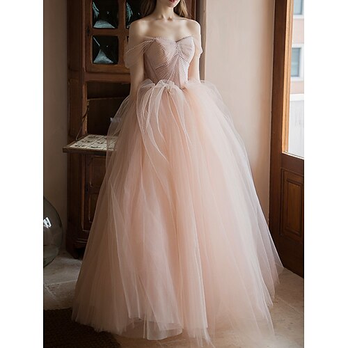 

Princess Ball Gown Wedding Dresses Off Shoulder Floor Length Tulle Short Sleeve Country Romantic Luxurious with Pleats Beading 2022