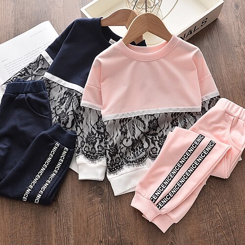 

Kids Girls' Hoodie & Pants 2 Pieces Long Sleeve Navy Blue Letter Lace Patchwork Outdoor Comfort Daily Regular 3-6 Years