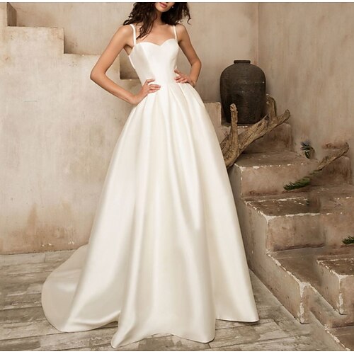 

A-Line Wedding Dresses Sweetheart Neckline Spaghetti Strap Sweep / Brush Train Satin Sleeveless Simple Sexy with Pleats 2022