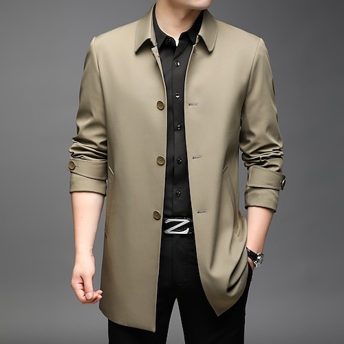 Men's Trench Coat Street Daily Fall Spring Long Coat Single Breasted  Turndown Regular Fit Thermal Warm Breathable Casual Jacket Long Sleeve  Solid 