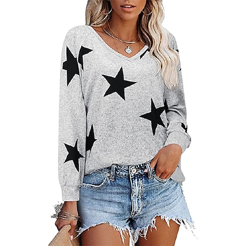 

Women's T shirt Tee Blue Khaki Gray Geometric Star Print Long Sleeve Daily Weekend Basic V Neck Regular Geometric Painting S / 3D Print