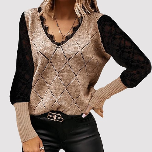 

Women's Pullover Sweater jumper Jumper Knit Knitted Lace Trims Color Block V Neck Stylish Casual Daily Weekend Winter Fall Khaki M L XL / Long Sleeve / Regular Fit