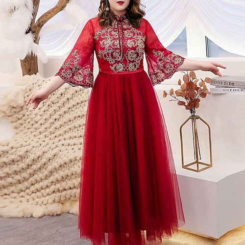 

A-Line Prom Dresses Chinese Style Dress Engagement Floor Length 3/4 Length Sleeve Stand Collar Tulle with Bow(s) Pleats 2022