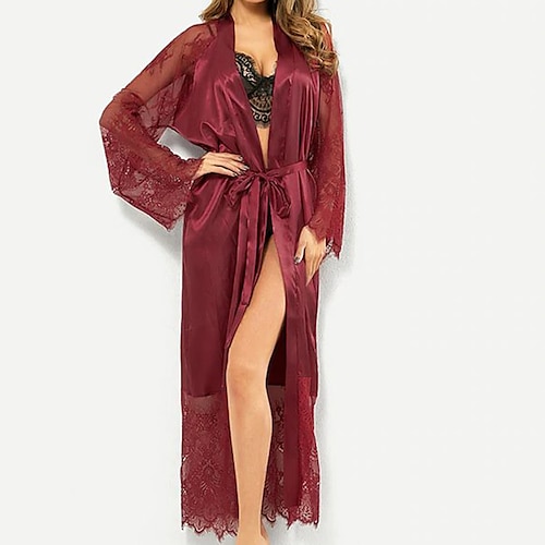 

Women's Plus Size Robes Gown Bathrobes Nighty Silk Kimono 1 PCS Pure Color Simple Casual Comfort Party Home Wedding Party Satin Gift V Neck Long Sleeve Lace Belt Included Spring Summer Black Wine
