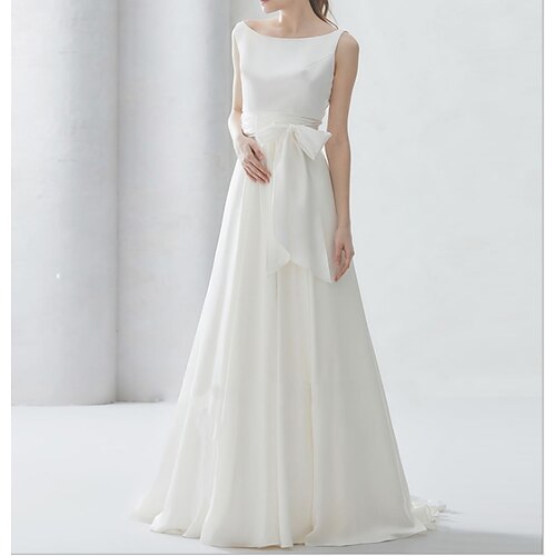 

A-Line Wedding Dresses Jewel Neck Sweep / Brush Train Satin Sleeveless Simple with Bow(s) Pleats 2022