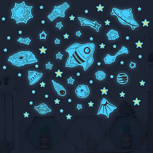 

étoiles lumineuses univers fusée stickers muraux bande dessinée autocollants fluorescents chambre d'enfants autocollants lumière bleue