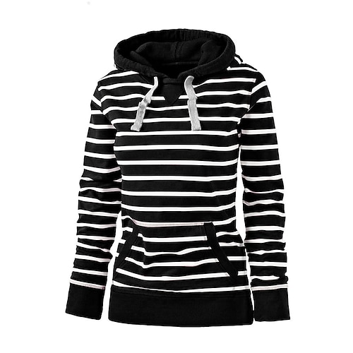 

Women's Plus Size Tops Hoodie Sweatshirt Striped Button Pocket Long Sleeve Crewneck Basic Going out Weekend Cotton Fall Winter Black Blue