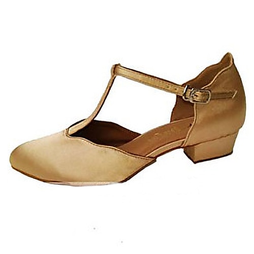 

Women's Modern Shoes Ballroom Shoes Indoor Performance Practice Heel Solid Color Low Heel Buckle T-Strap Almond Black Khaki / Satin