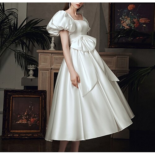 

A-Line Wedding Dresses Scoop Neck Tea Length Satin Short Sleeve Simple Vintage Little White Dress 1950s with Bow(s) Pleats 2022 / Puff Balloon Sleeve