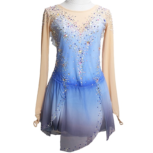 

Figure Skating Dress Women's Girls' Ice Skating Dress Outfits Mineral Green Purple Blue Glitter Patchwork Mesh Spandex High Elasticity Competition Skating Wear Handmade Crystal / Rhinestone Long