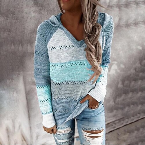 

Women's Sweater Pullover Knitted Color Block Casual Long Sleeve Loose Sweater Cardigans Hooded Fall Spring Green Black Wine / Holiday / Work