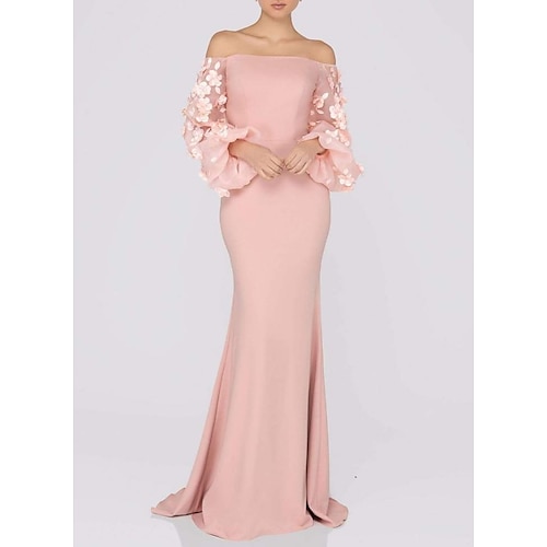 

Mermaid / Trumpet Reformation Amante Elegant Engagement Formal Evening Dress Off Shoulder Long Sleeve Chapel Train Stretch Fabric with Appliques 2022