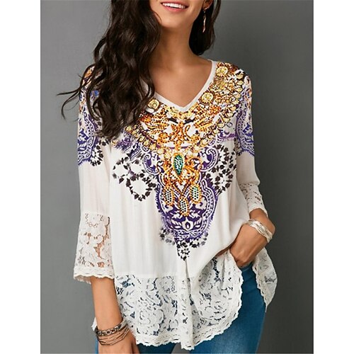 

Women's Blouse Shirt White Graphic Lace Print 3/4 Length Sleeve Daily Weekend Streetwear Casual V Neck Long S / 3D Print