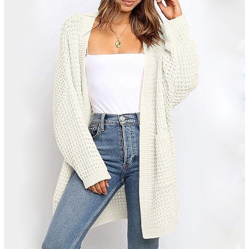 

Women's Cardigan Sweater Jumper Crochet Waffle Knit Tunic Knitted Thin Solid Color Open Front Casual Daily Winter Fall Green Pink S M L / Long Sleeve / Spring / Regular Fit