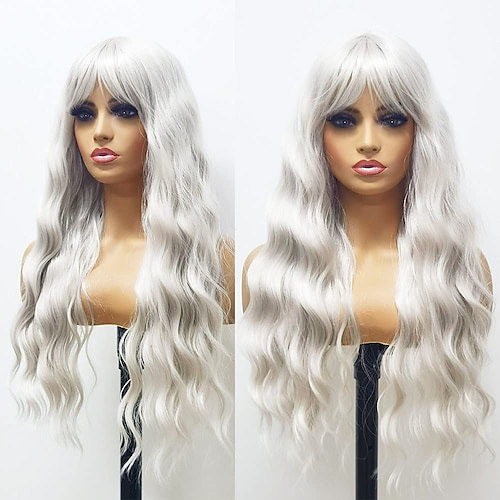 

Platinum Blonde Natural Wave Wig with Bangs Platinum Blonde WigsWhite Blonde Full Wigs Synthetic Long Wavy Full Wigs Loose Curly Wig 24 Inches Colorful Wigs for Women ChristmasPartyWigs