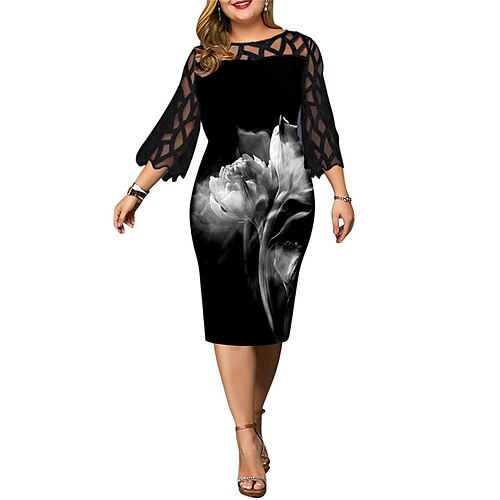 

Women's Plus Size Party Dress Floral Crew Neck Print 3/4 Length Sleeve Spring Fall Casual Prom Dress Knee Length Dress Daily Holiday Dress / Butterfly