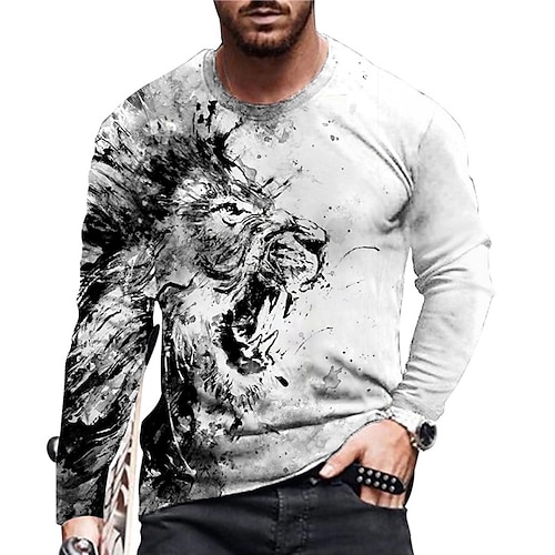 

Men's Unisex T shirt Tee Shirt Tee Lion Graphic Prints Crew Neck Gray 3D Print Daily Holiday Long Sleeve Print Clothing Apparel Designer Casual Big and Tall