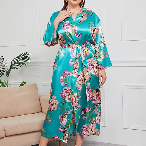 

Mulheres Tamanho Grande Pijamas Robes Roupões de banho Camisola 1 pc Plantar Luxo Conforto Temática Asiática Casa Festa de Casamento Férias Cetim Respirável Presente Decote em V-wire Manga Longa