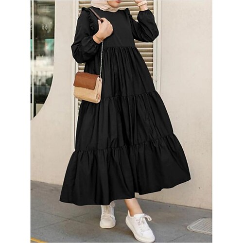 

Women's Plus Size Holiday Dress Solid Color Crew Neck Ruched Long Sleeve Fall Winter Basic Maxi long Dress Causal Dress / Ruffle / Loose