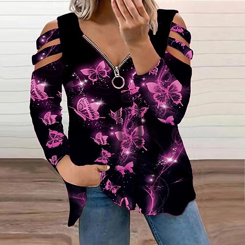 

Women's Plus Size Tops Blouse Shirt Butterfly Animal Cut Out Zipper Long Sleeve V Neck Streetwear Daily Weekend Polyester Fall Winter Green Blue / Print