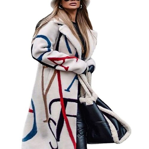 

Women's Plus Size Fleece Jacket Teddy Coat Print Letter Outdoor Causal Long Sleeve Turndown Regular Winter Fall Beige L XL XXL 3XL 4XL