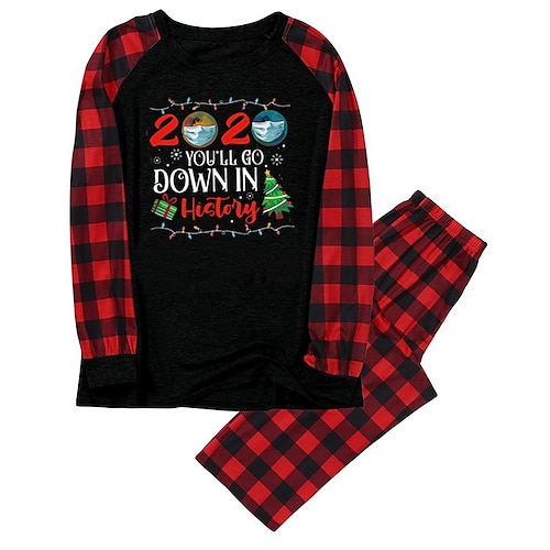 

Women's ChristmasPjs Pajamas Sets 2 Pieces Cartoon Letter Simple Soft Sweet Home Bed Warm Gift Crew Neck Long Sleeve T shirt Tee Pant Elastic Waist Winter Fall Red black / Seamed / Print