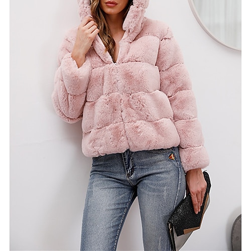 

Women's Faux Fur Coat Casual Daily Winter Regular Coat Turtleneck Loose Fit Warm Casual Jacket Long Sleeve Solid Colored Patchwork White Black Pink