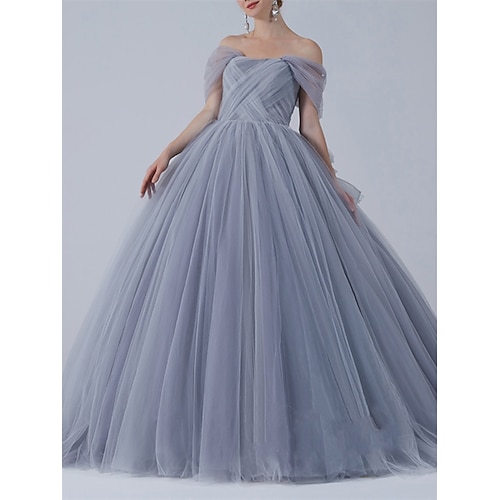 

Ball Gown Prom Dresses Luxurious Dress Quinceanera Sweep / Brush Train Short Sleeve Off Shoulder Organza with Bow(s) Pleats 2022