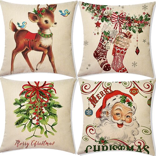 

Christmas Santa Claus Holiday Party Double Side Throw Pillow Cover 4PC Soft Decorative Square Cushion Case Pillowcase for Bedroom Livingroom Superior Quality Machine Washable
