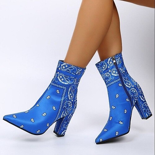 

Women's Boots Daily Heel Boots Booties Ankle Boots Winter Chunky Heel Pointed Toe Zipper Paisley Black Blue