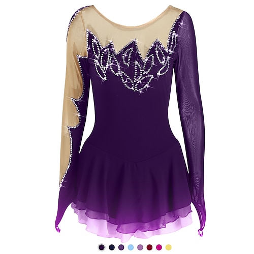 

Figure Skating Dress Women's Girls' Ice Skating Dress Outfits Light Yellow Light Purple Dark purple Asymmetric Hem Spandex Elastane High Elasticity Competition Skating Wear Handmade Rhinestone Long