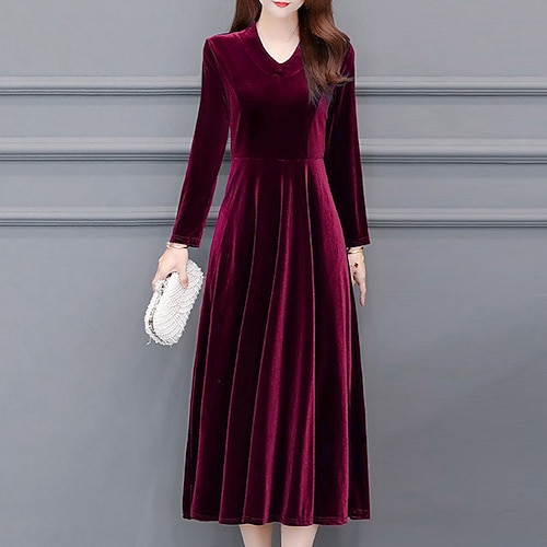 

Women's A Line Dress Midi Dress Black Purple Wine Royal Blue Long Sleeve Solid Color Ruched Fall Winter V Neck Elegant Vintage 2022 XL XXL 3XL 4XL 5XL 6XL