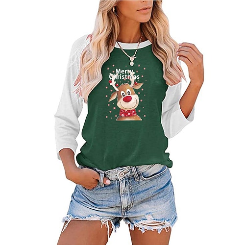 

Women's T shirt Tee Green Pink Gray Color Block Text Print Long Sleeve Gift Weekend Basic Round Neck Regular Painting S
