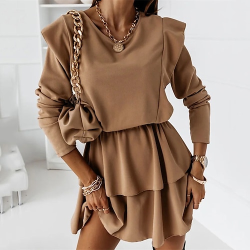 

Women's Party Dress Sheath Dress Army Green Red Brown Long Sleeve Pure Color Ruffle Fall Spring Crew Neck Winter Dress Fall Dress S M L XL XXL 3XL