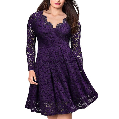 

Women's Plus Size Party Dress Solid Color V Neck Lace Long Sleeve Fall Winter Casual Prom Dress Knee Length Dress Daily Vacation Dress