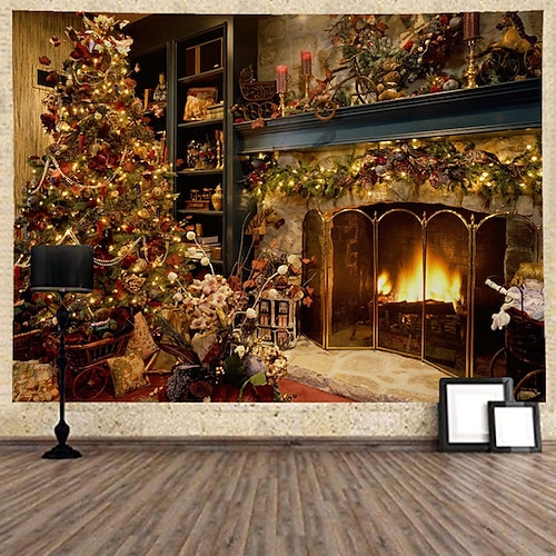 

Christmas Santa Claus Holiday Party Wall Tapestry Photography Background Art Decor Hanging Home Bedroom Living Room Decoration Tree Snowman Elk Snowflake Candle Gift Fireplace