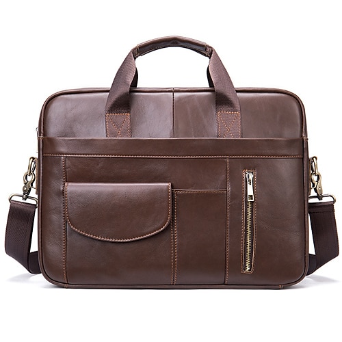 

Men's Bags Nappa Leather Cowhide Briefcase Zipper Solid Colored Office & Career Retro 2021 Handbags Coffee