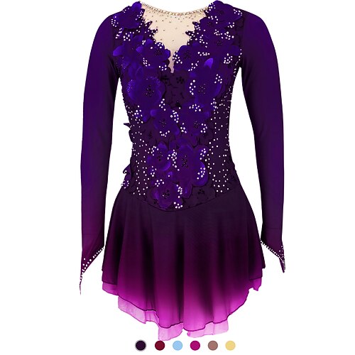 

Figure Skating Dress Women's Girls' Ice Skating Dress Outfits Yellow & Yellow Purple Dark Purple Open Back Spandex High Elasticity Training Skating Wear Handmade Solid Colored Classic Crystal