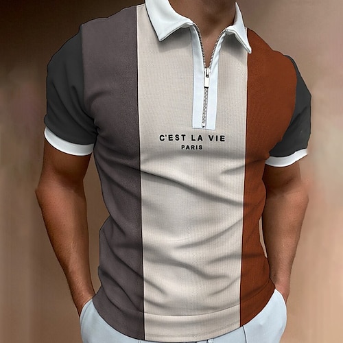 

Men's Golf Shirt Color Block Letter Button Down Collar Casual Daily Zipper Patchwork Short Sleeve Tops Business Simple Lightweight Basic Beige / Summer