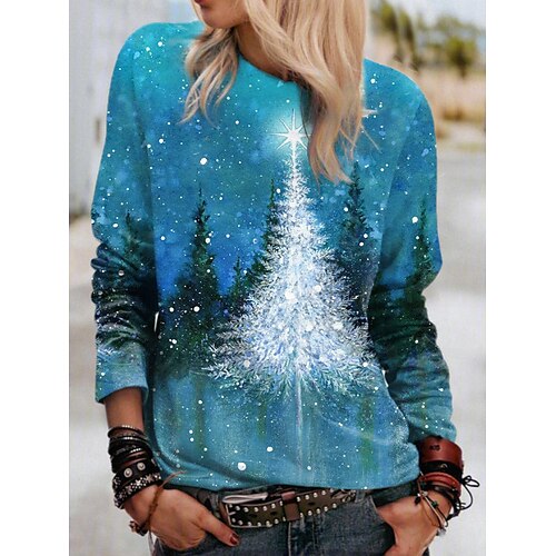 

Women's Sweatshirt Pullover Streetwear Christmas Print Blue Galaxy Christmas Tree Christmas Round Neck Long Sleeve S M L XL XXL / 3D Print