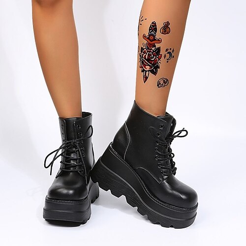 

Women's Boots Combat Boots Lace Up Boots Booties Ankle Boots Chunky Heel Round Toe PU Lace-up Solid Colored Black / Silver Black